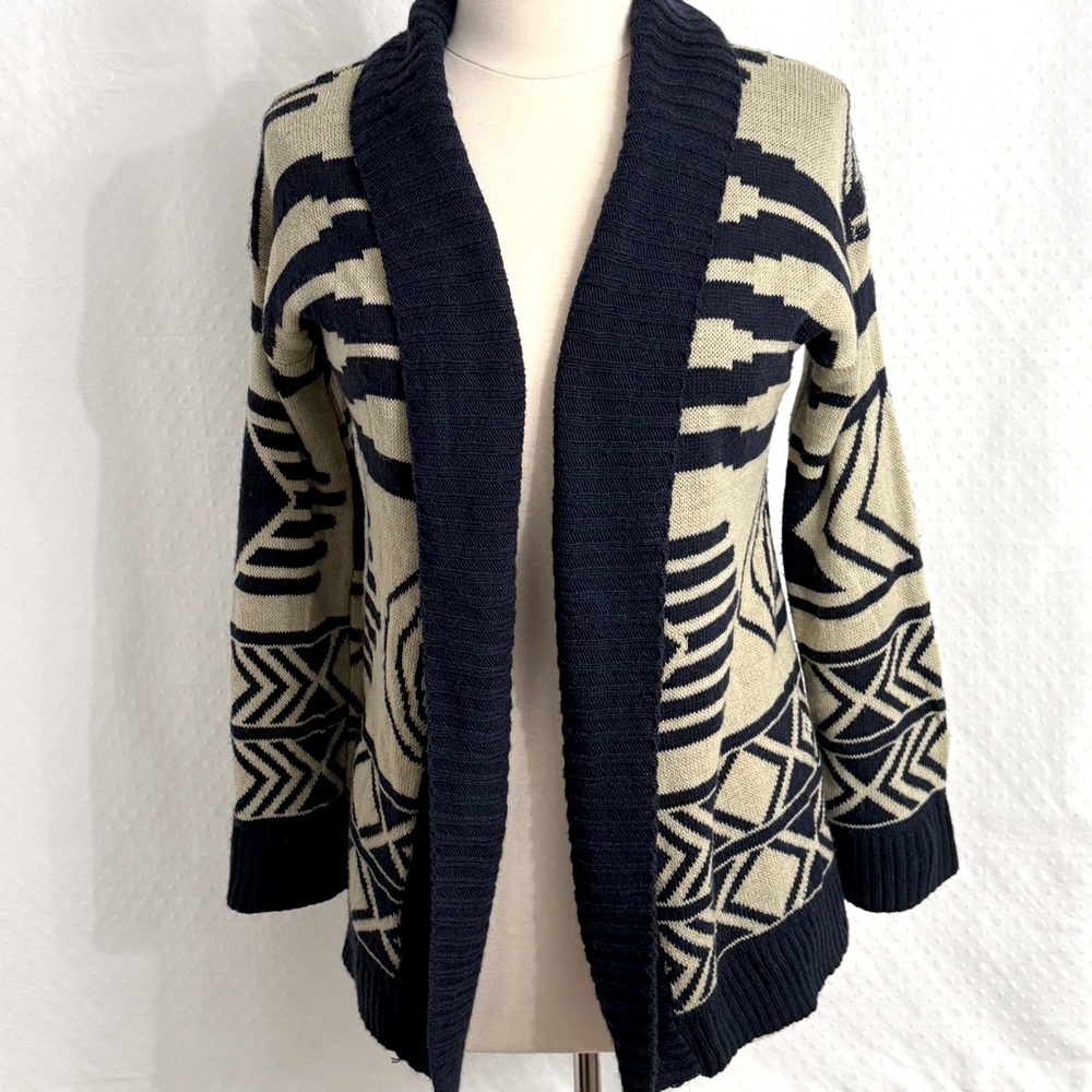 Say What NY Women's Long Sleeve Open Front Cardigan, Beige/Black Pattern, Size M